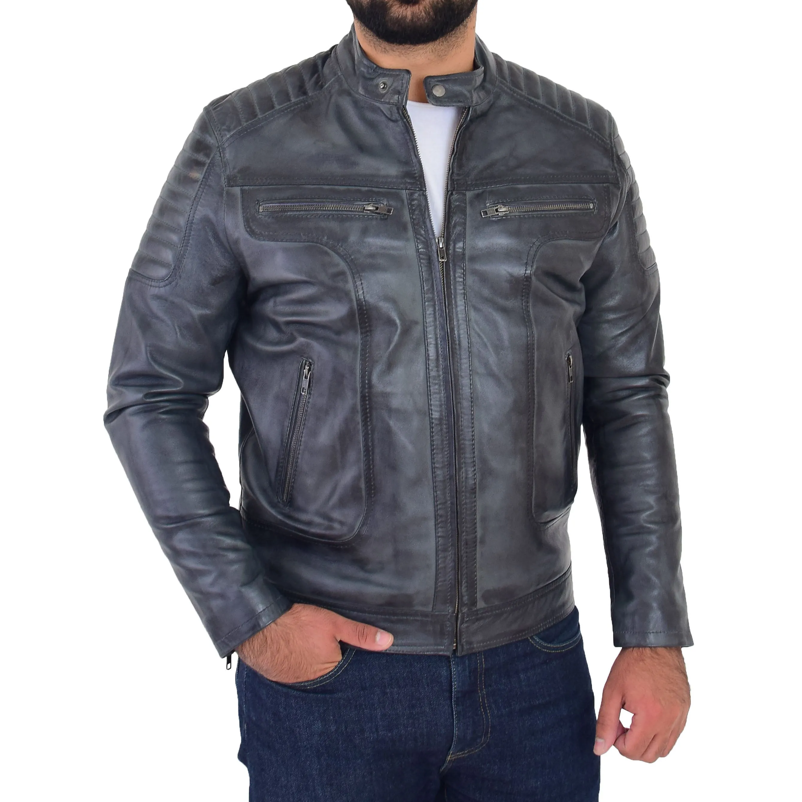 Mens Genuine Soft Leather Biker Jacket Rider Grey