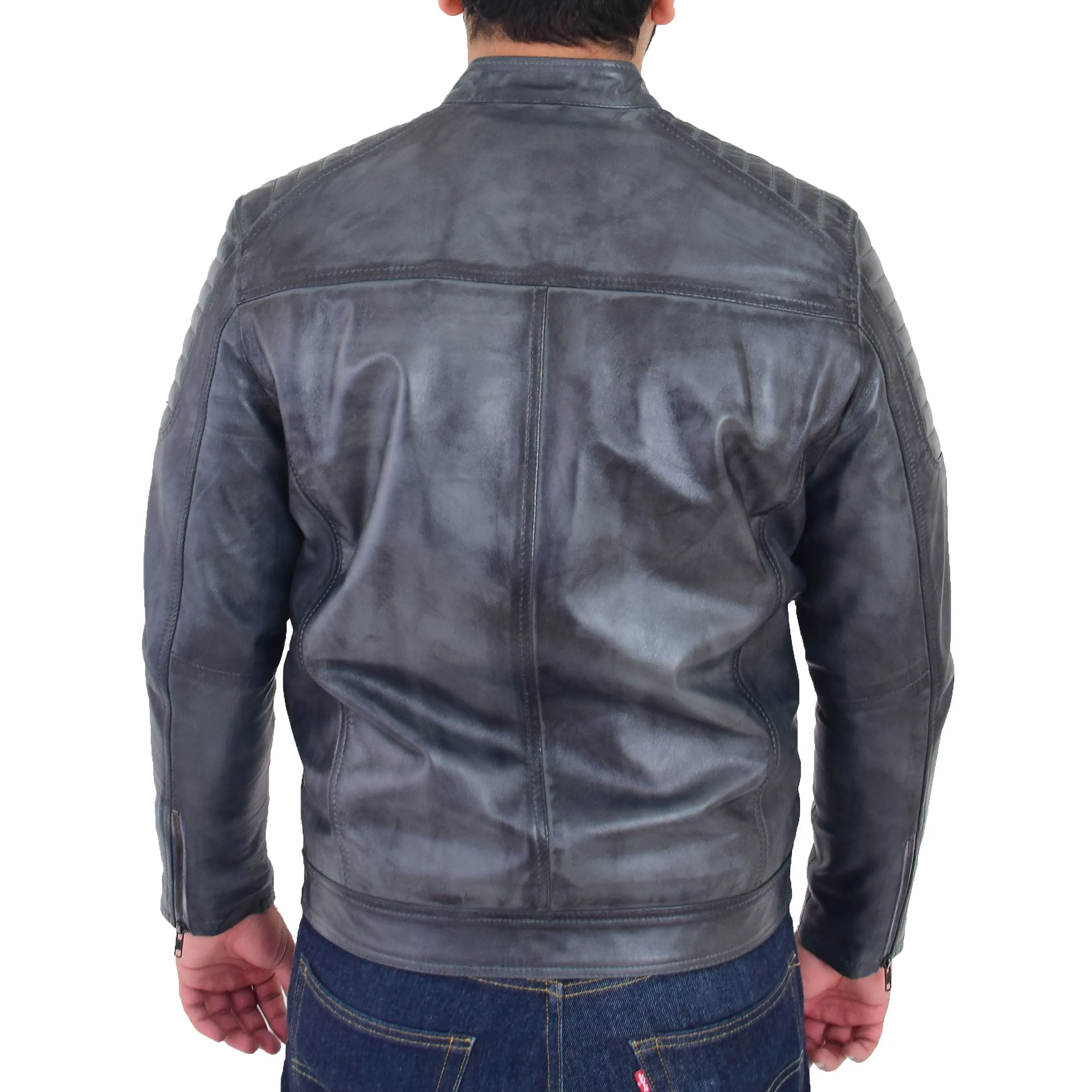 Mens Genuine Soft Leather Biker Jacket Rider Grey