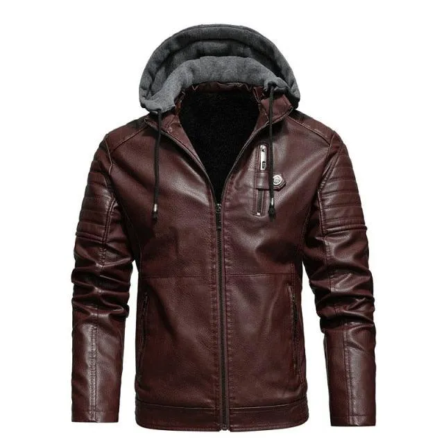 Men's Leather Jacket with Hood Plus Size