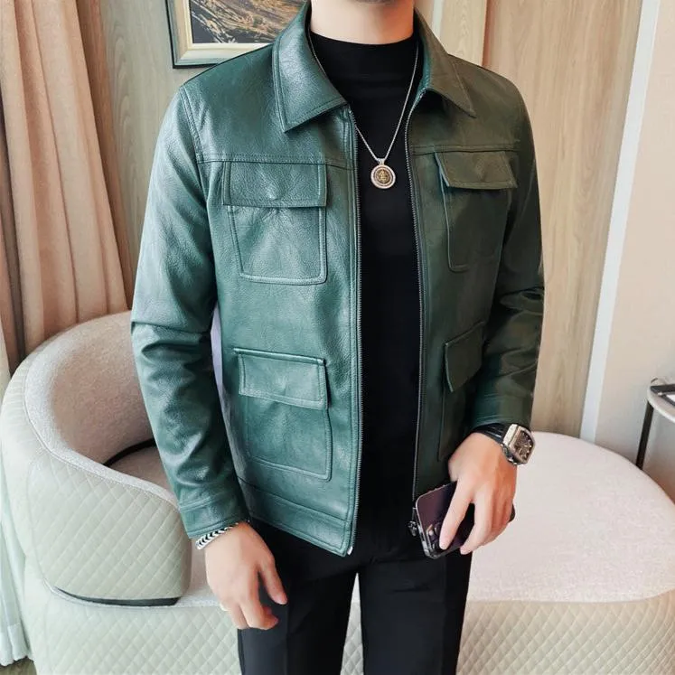 Men's Leather Motorcycle Jacket - Fashion Lapel Design, Casual Streetwear PU Coat for Business & Social Outfits