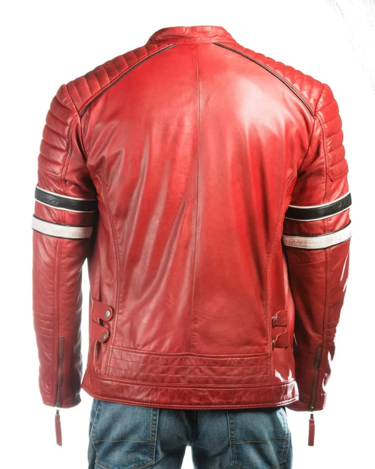 Mens Red Racing Biker Style Leather Jacket