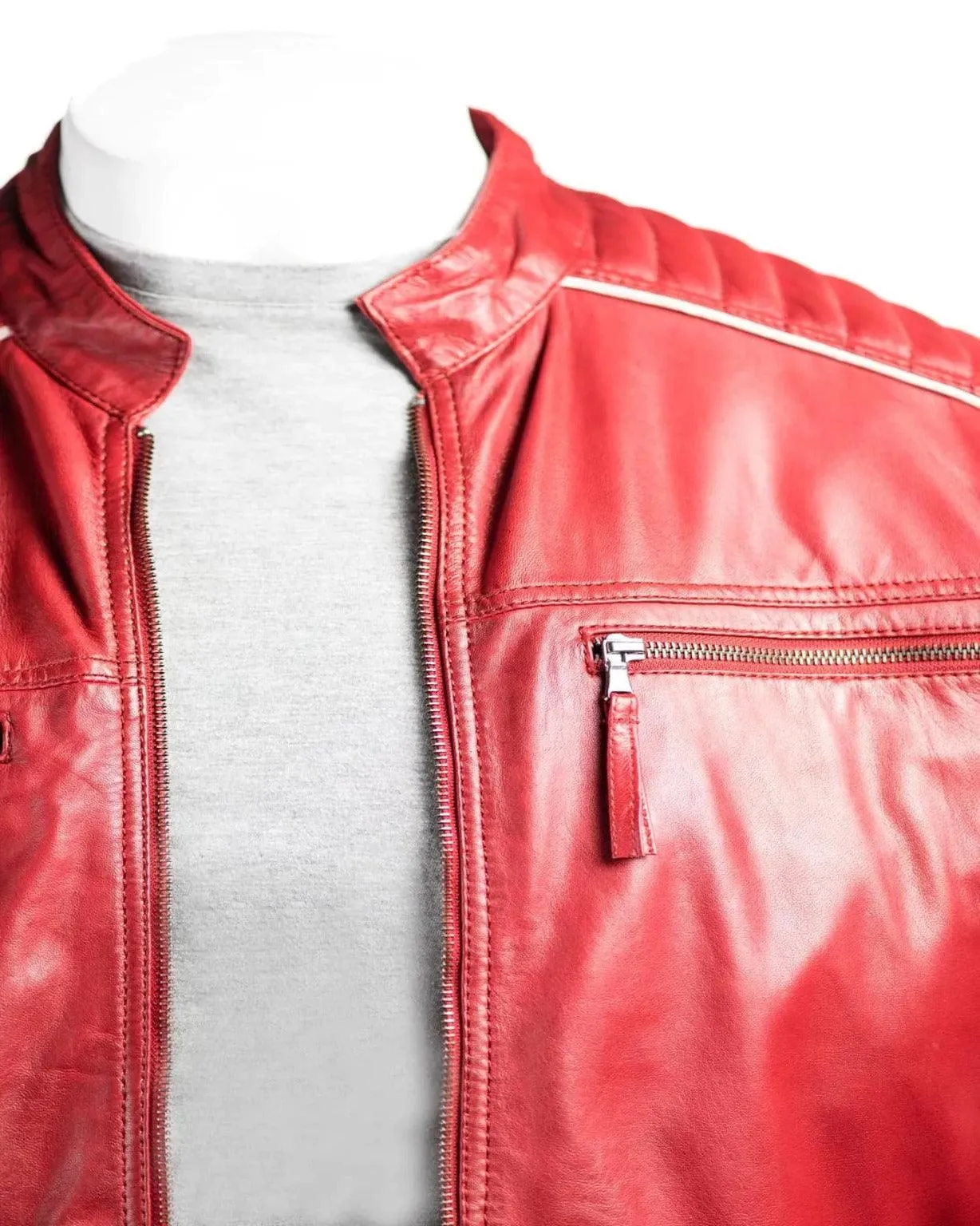 Mens Red Racing Biker Style Leather Jacket