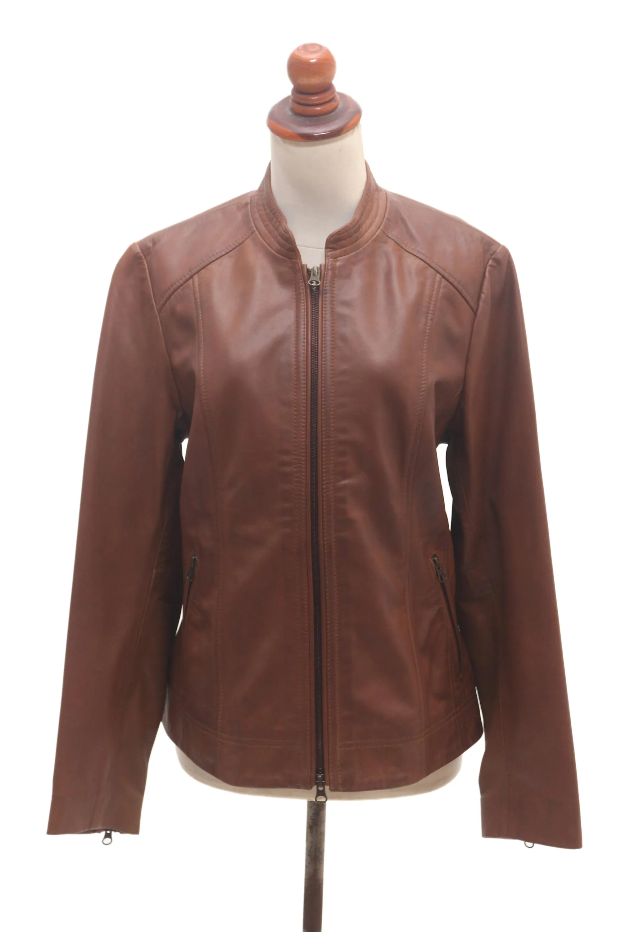 Moto Style Leather Jacket in Cinnamon - Stylish Elegance | NOVICA