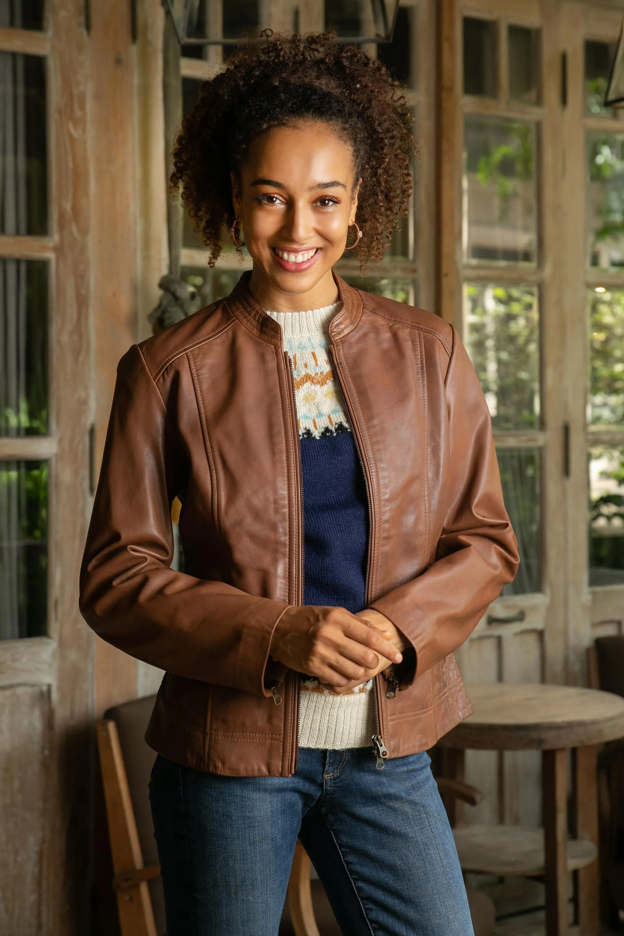 Moto Style Leather Jacket in Cinnamon - Stylish Elegance | NOVICA