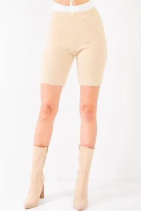 Oatmeal Beige Knit High Waist Stretchy Warm Fuzzy Biker Shorts