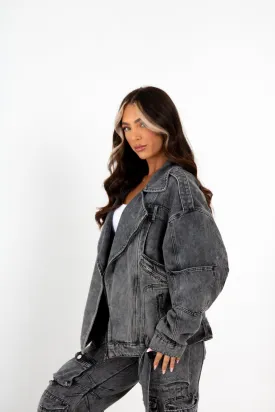 Oversized Acid Wash Black Denim Biker Jacket