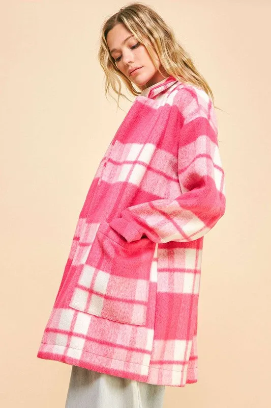 Plaid Open Front Drop Shoulder Longline Coat