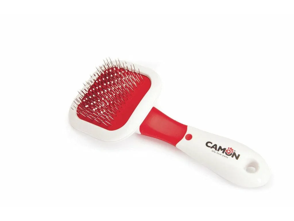 Slicker brush with stainless steel plastic coated  pins and rotating head.