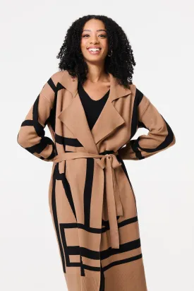 Striped Print Tie Waist Longline Coat