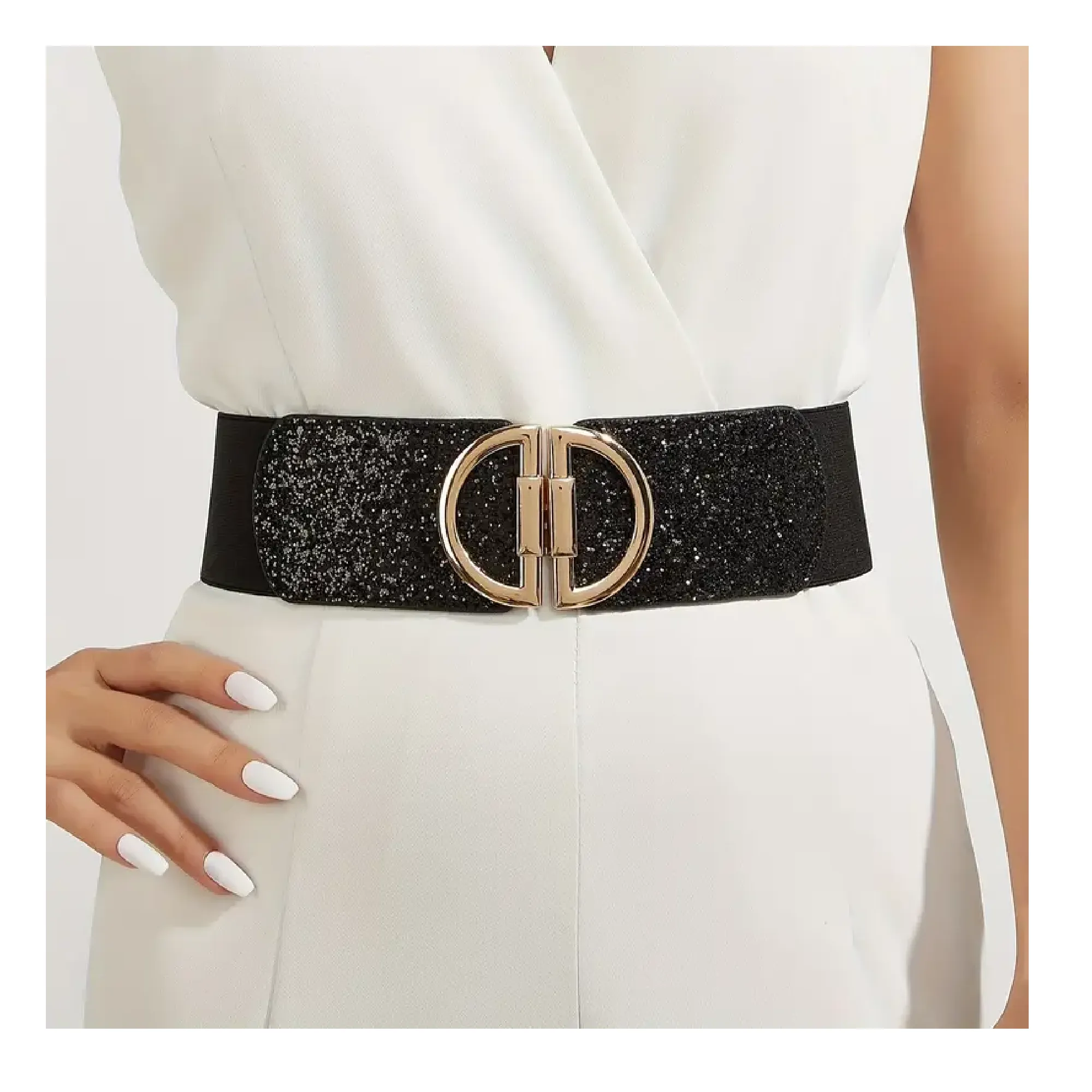 Trendy Double D Buckle Wide Belt Elegant Shiny Sequins Elastic PU Waistband Classic Dress Coat Girdle For Women Girls