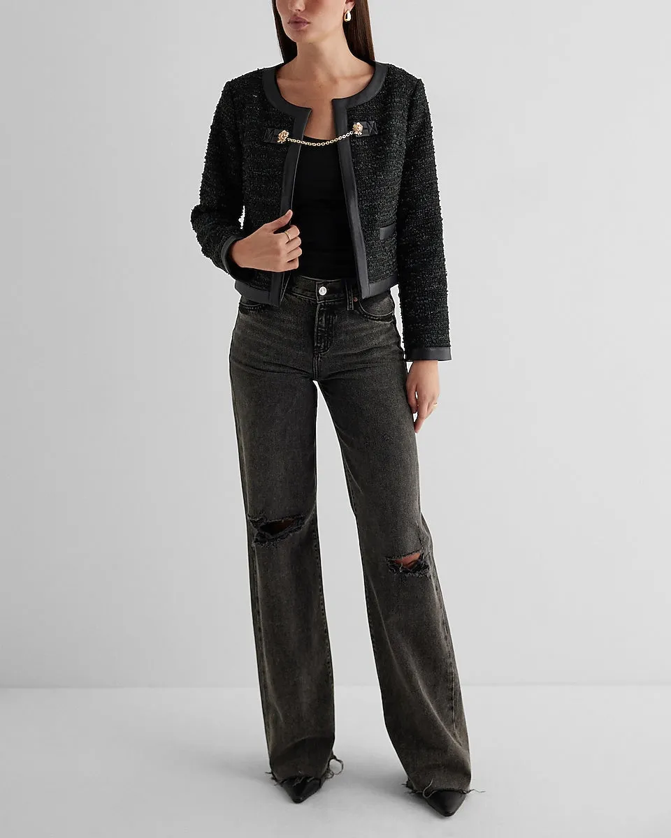 Tweed Faux Leather Pieced Chain Strap Jacket in Pitch Black