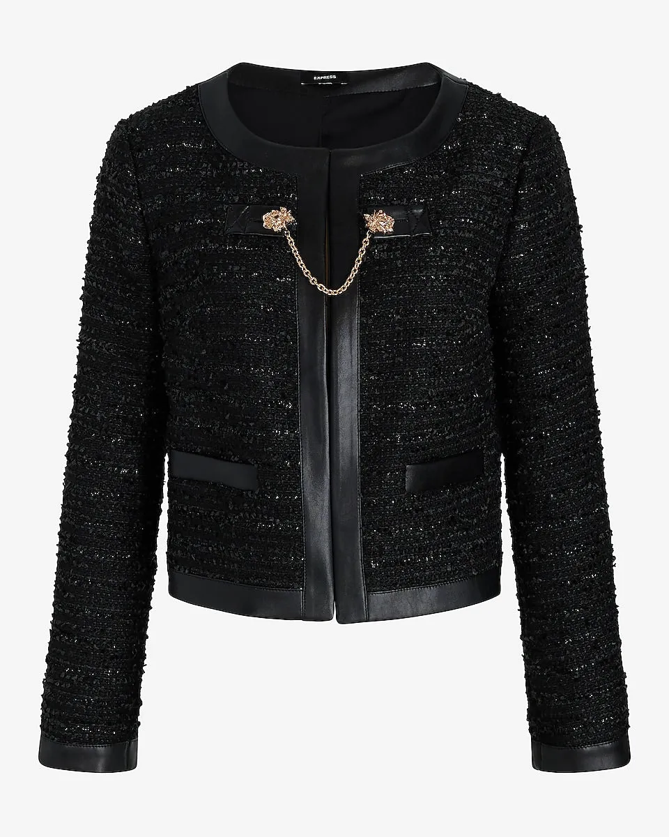 Tweed Faux Leather Pieced Chain Strap Jacket in Pitch Black