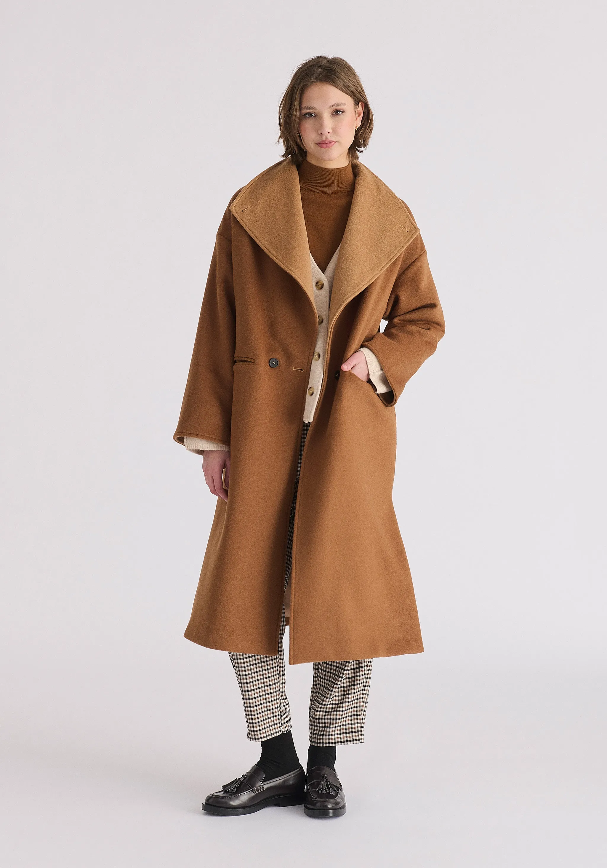 Two-Tone Double Breasted Wool Blend Coat