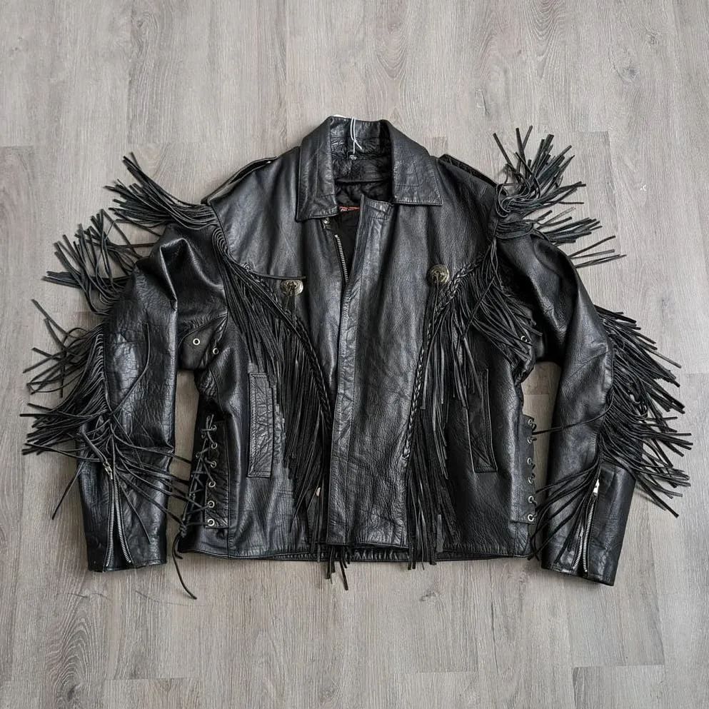 Vintage Black Genuine Leather Biker Jacket Fringe Concho Moto Motorcycle Western