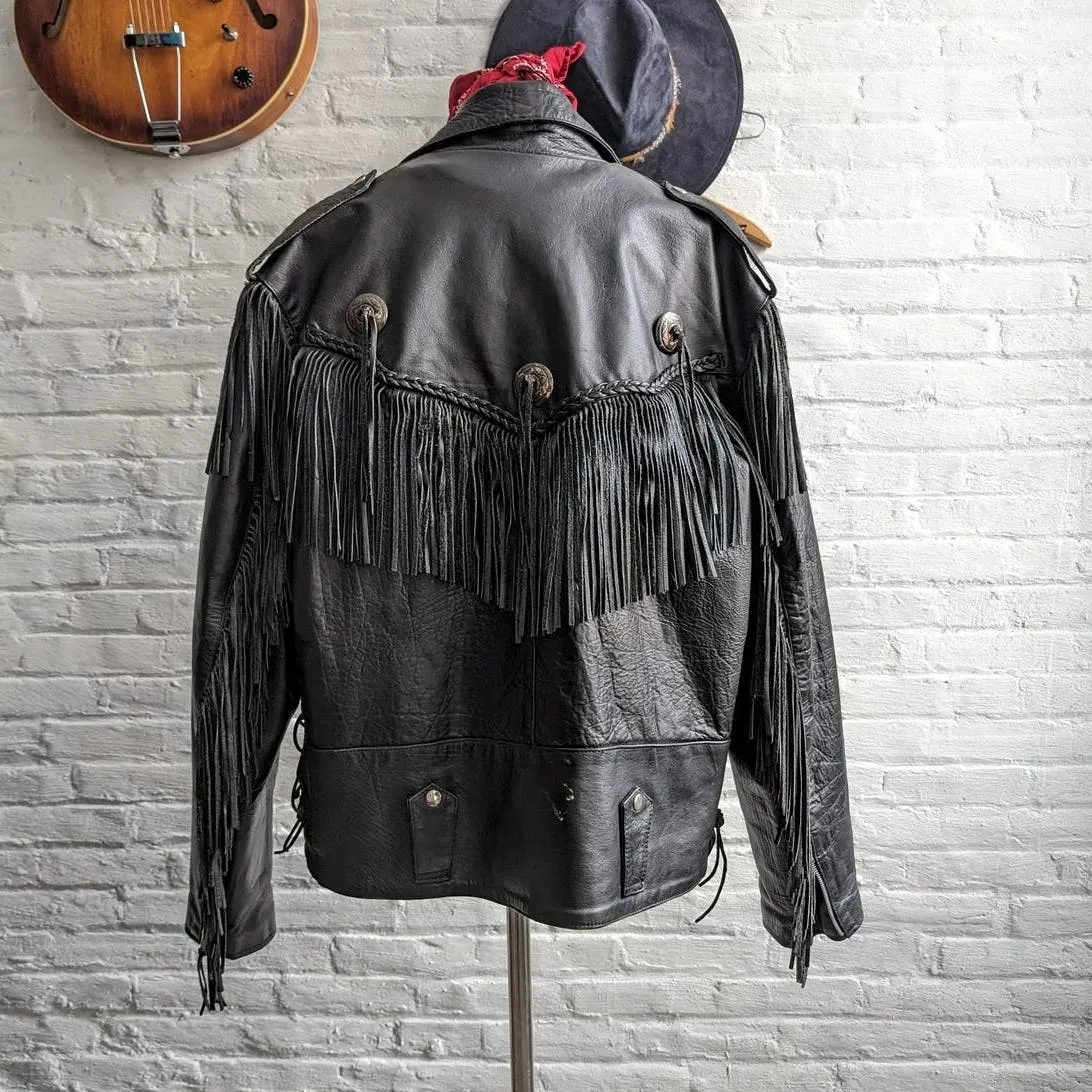 Vintage Black Genuine Leather Biker Jacket Fringe Concho Moto Motorcycle Western