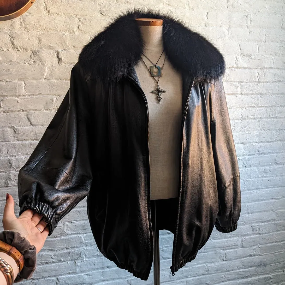 Vintage Black Leather Biker Fur Bomber Coat Minimalist Penny Lane Duster Jacket