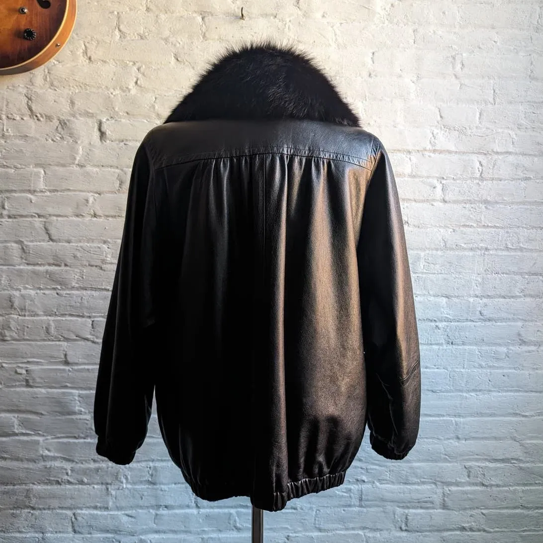 Vintage Black Leather Biker Fur Bomber Coat Minimalist Penny Lane Duster Jacket