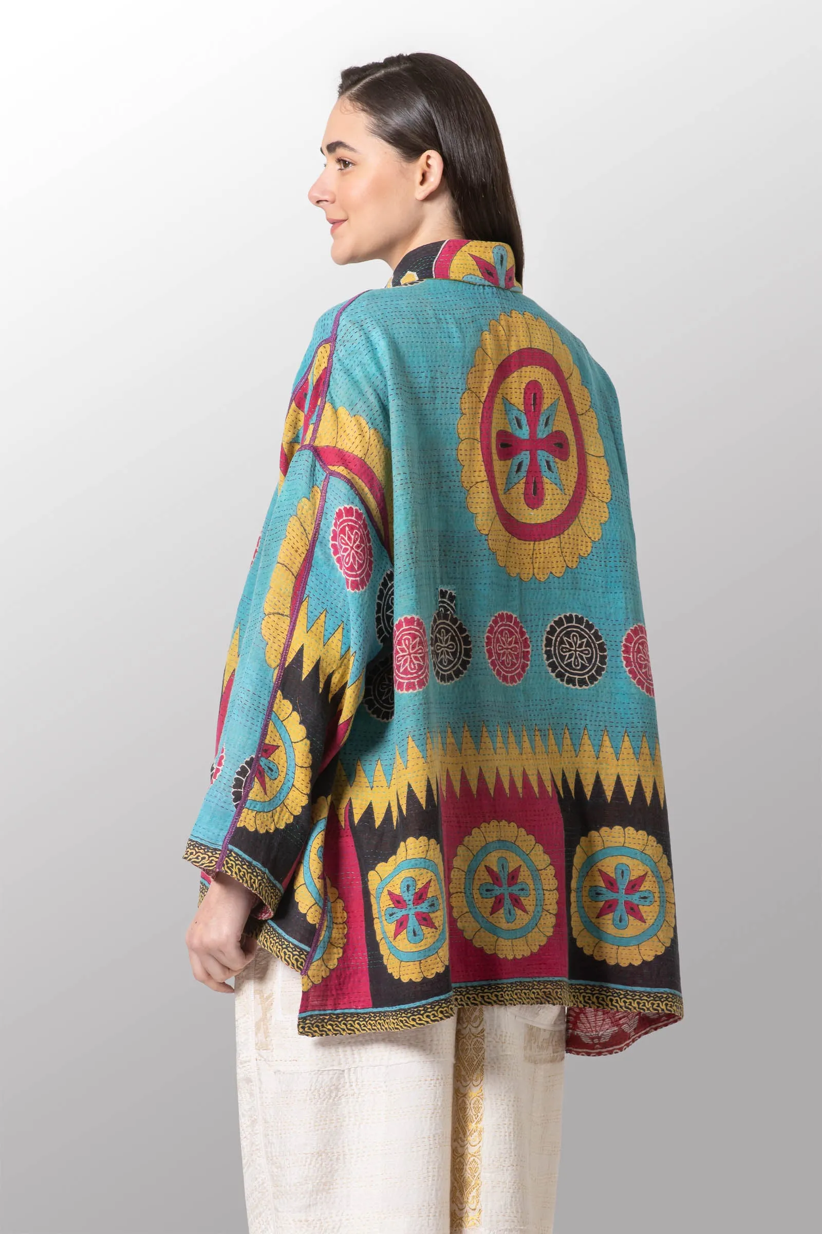 VINTAGE COTTON KANTHA OVERSIZED MINI COAT - cv2332-0005a -