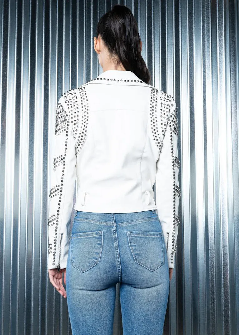 White Faux Leather Moto Jacket with Studs