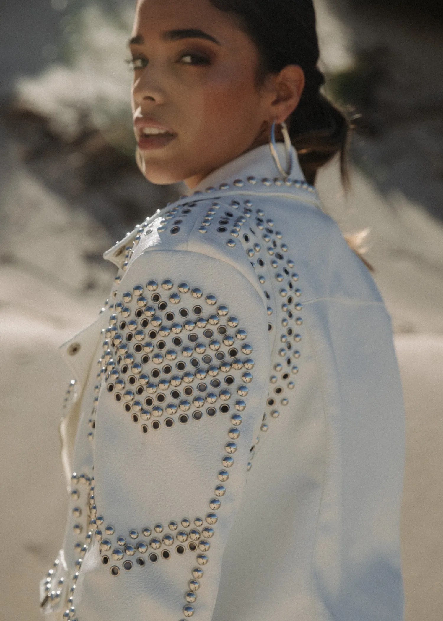 White Faux Leather Moto Jacket with Studs