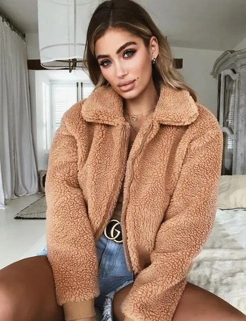 Winter Women Warm Teddy Bear Long Sleeve Fleece Jackets Crop Tops Zip Up Punk Oversize Outwear Coats With Pockets