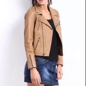 Women Real Lambskin Leather Biker Jacket KW043