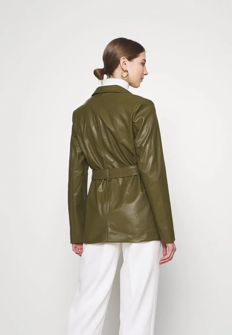 Womens Belted Green Leather Jacket