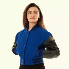 Women's Blue Wool & Black Leather Cropped Baseball Biker Moto Varsity Jacket