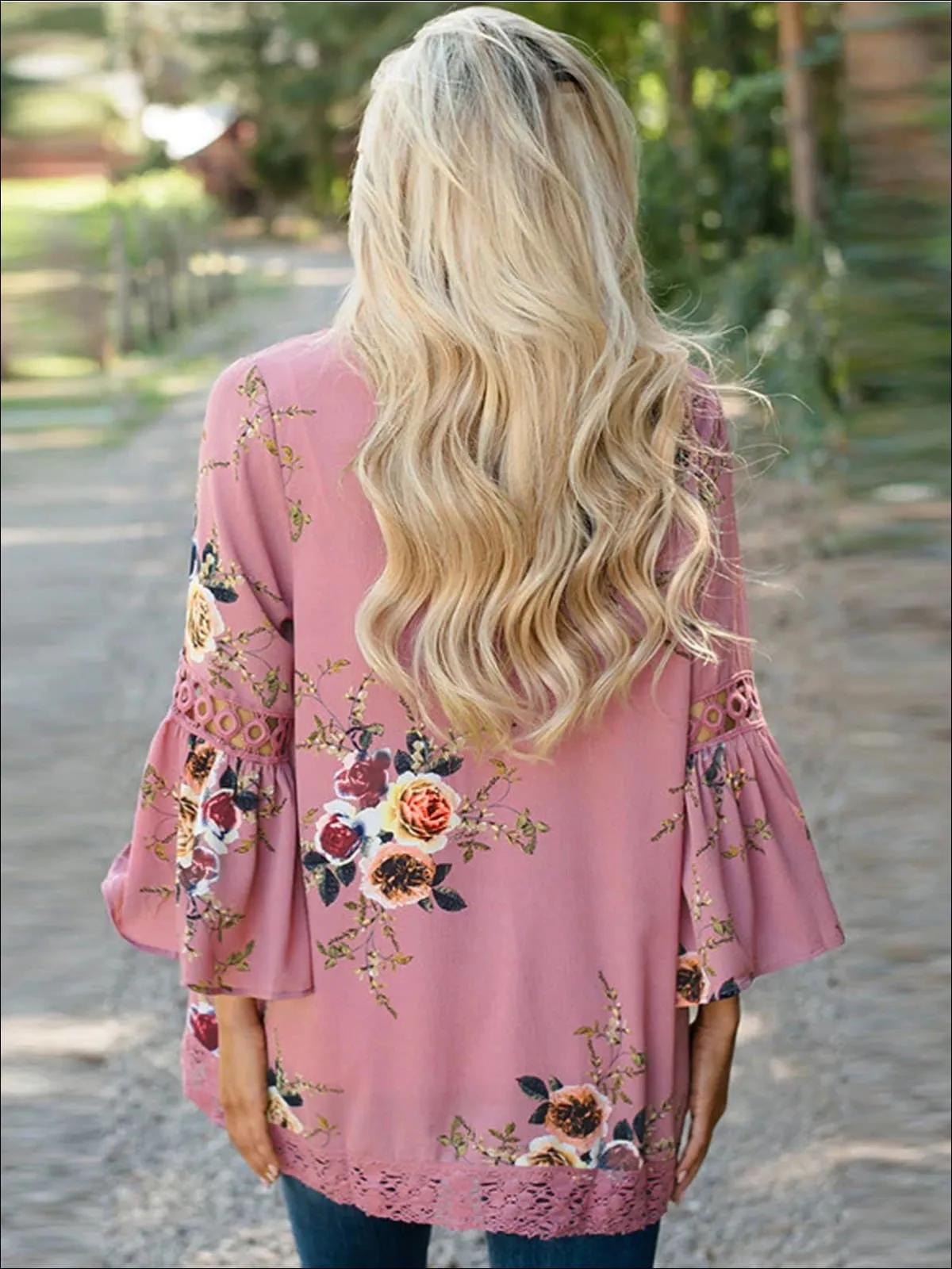 Women's Flare Sleeve Floral Kimono With Embroidery Detail