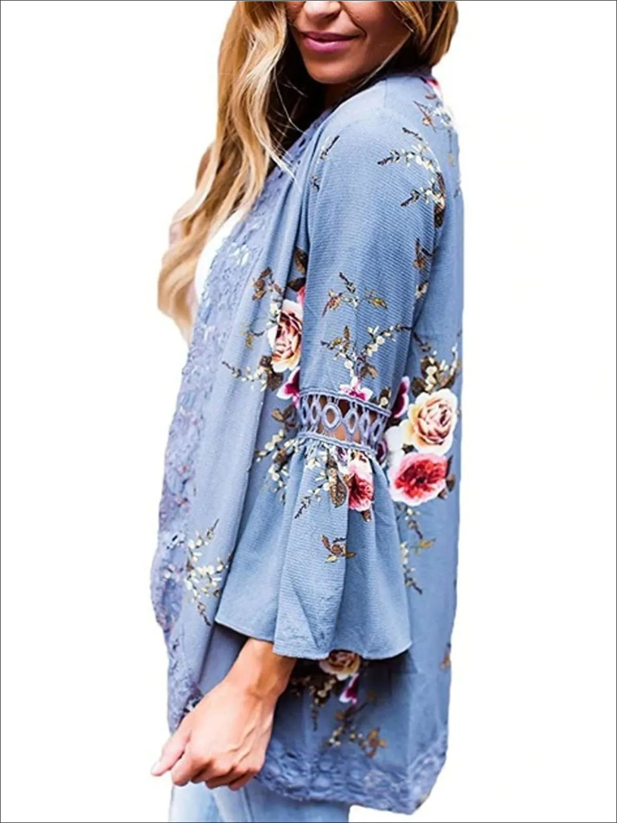 Women's Flare Sleeve Floral Kimono With Embroidery Detail