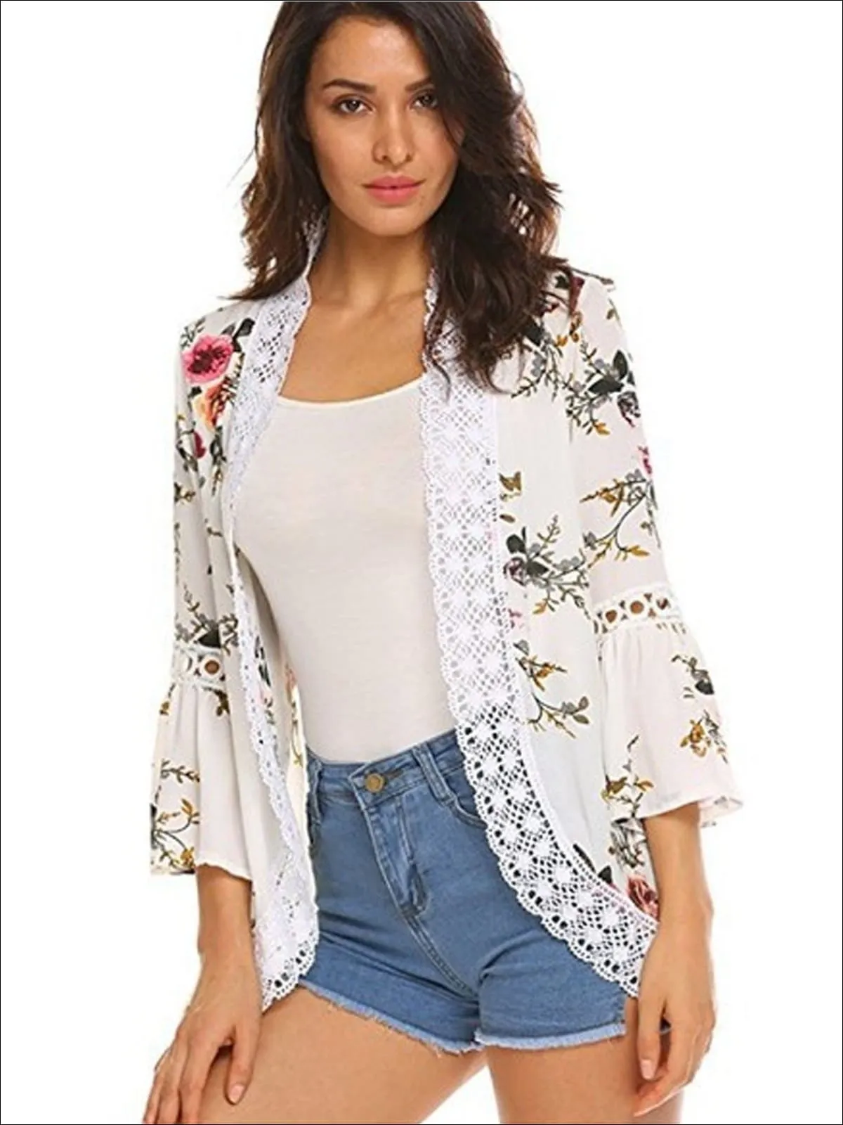 Women's Flare Sleeve Floral Kimono With Embroidery Detail