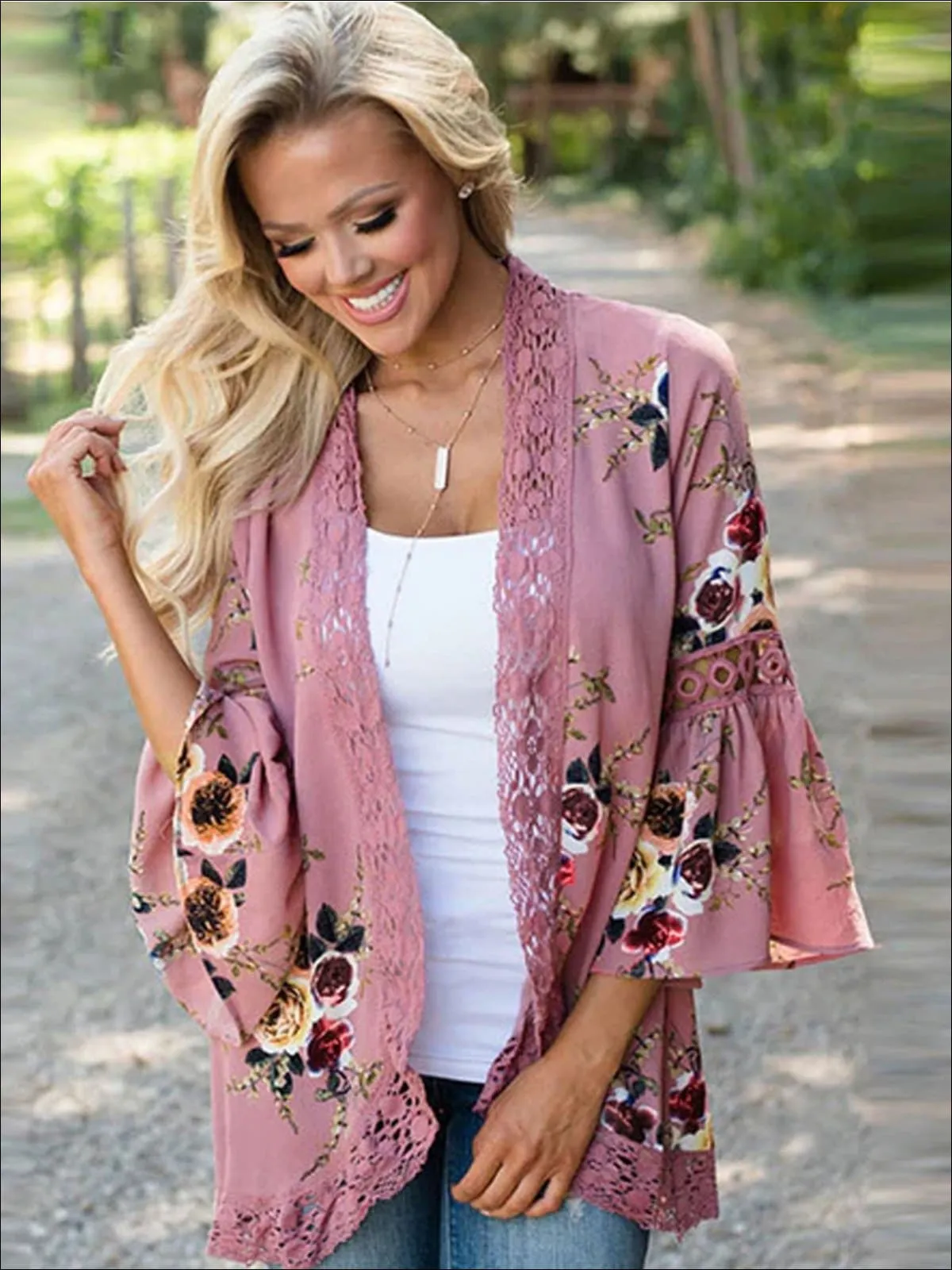 Women's Flare Sleeve Floral Kimono With Embroidery Detail