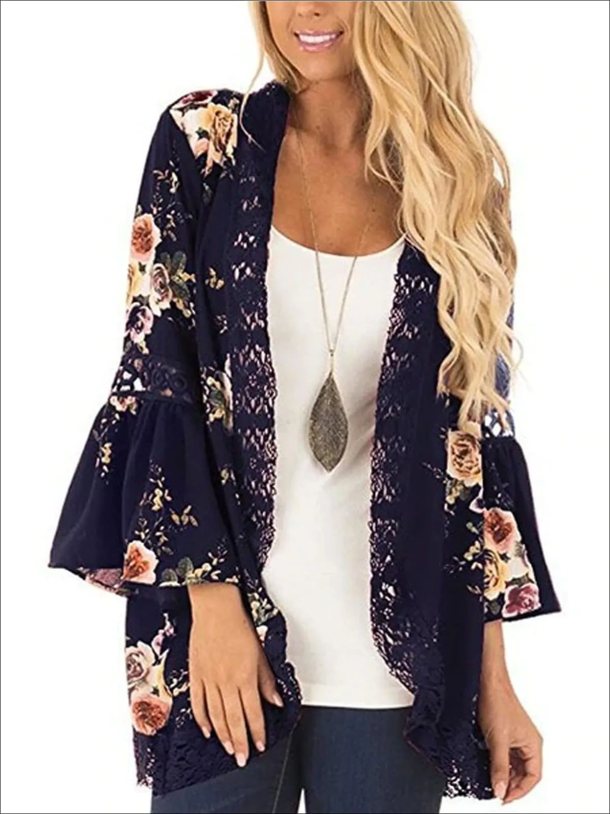 Women's Flare Sleeve Floral Kimono With Embroidery Detail