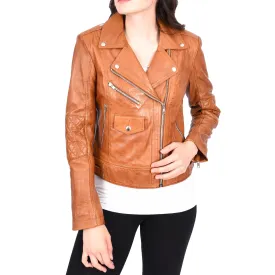 Womens Leather Biker Jacket Cognac Trendy Slim Fit Designer Ayla