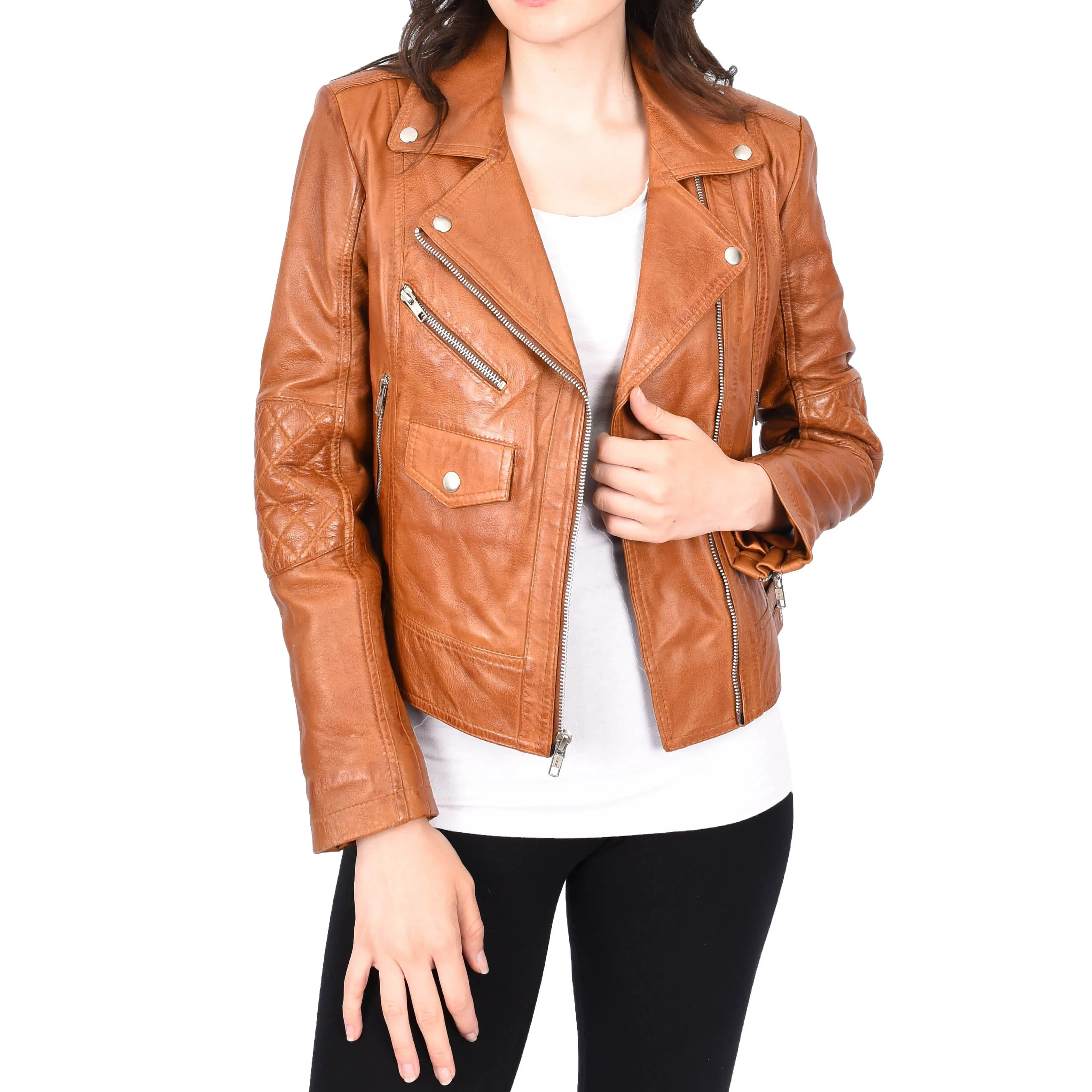 Womens Leather Biker Jacket Cognac Trendy Slim Fit Designer Ayla