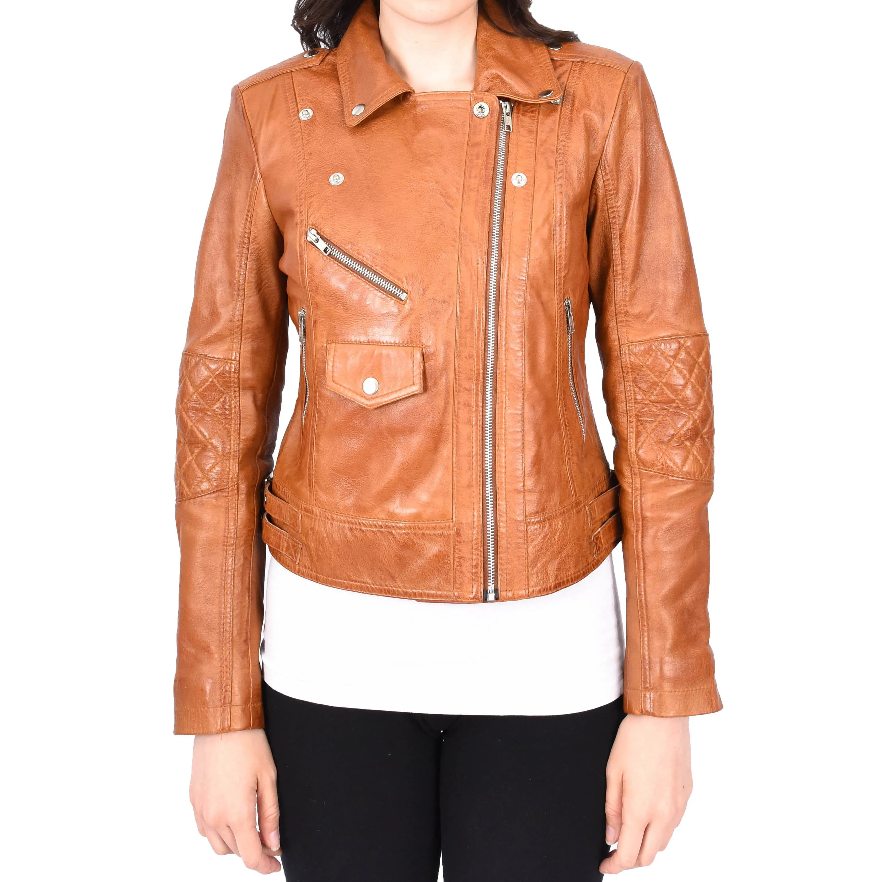 Womens Leather Biker Jacket Cognac Trendy Slim Fit Designer Ayla