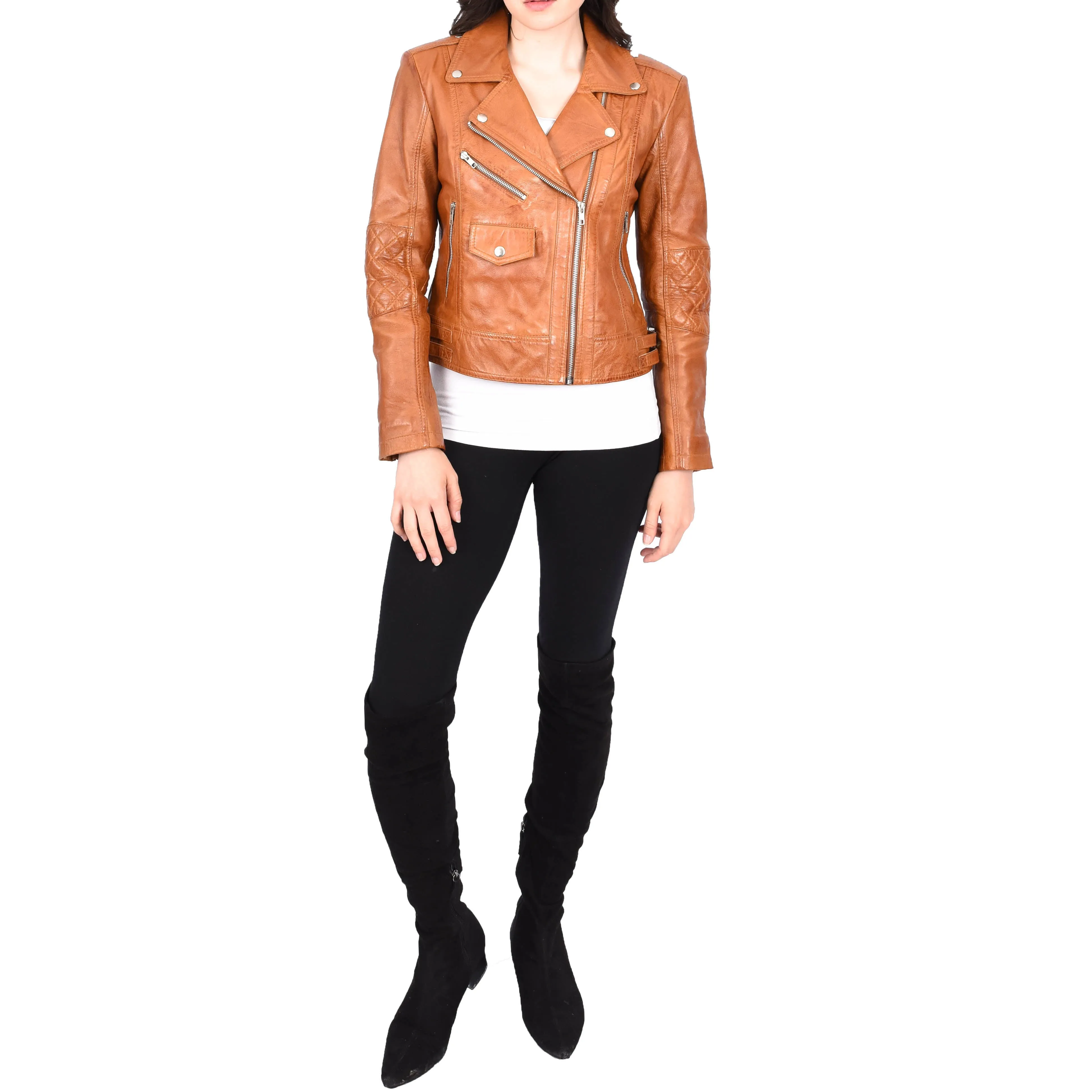 Womens Leather Biker Jacket Cognac Trendy Slim Fit Designer Ayla