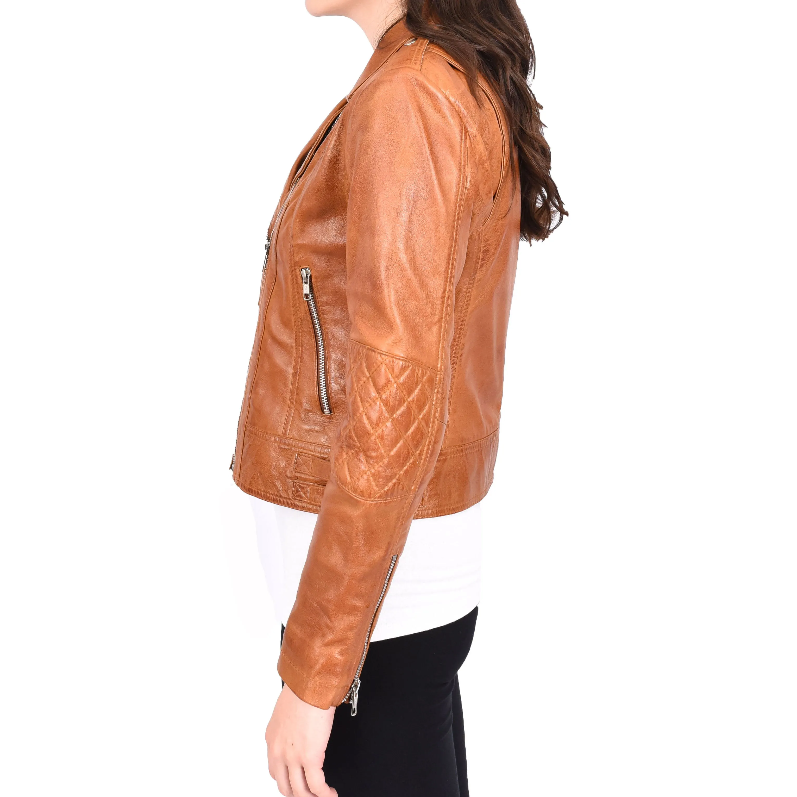 Womens Leather Biker Jacket Cognac Trendy Slim Fit Designer Ayla