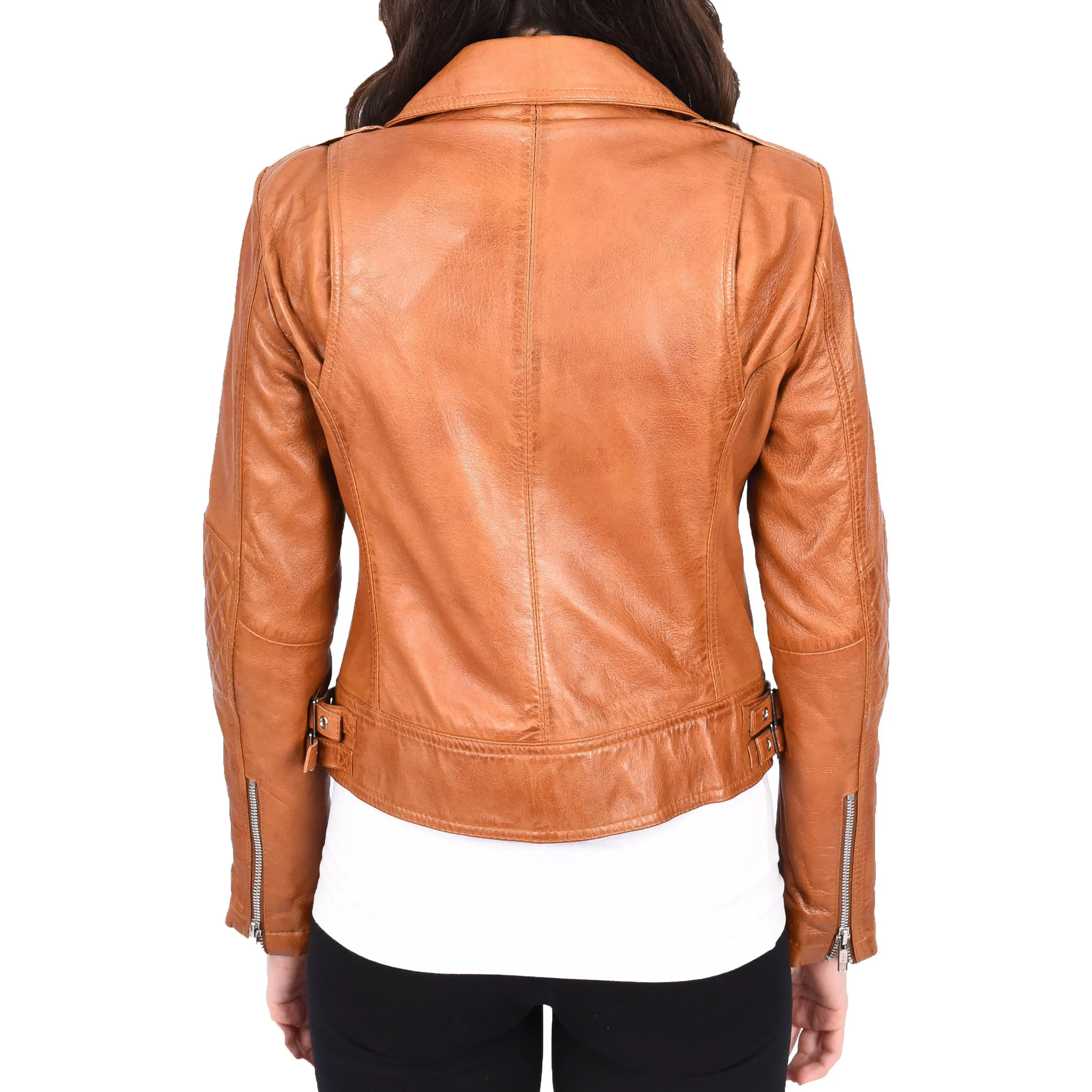 Womens Leather Biker Jacket Cognac Trendy Slim Fit Designer Ayla