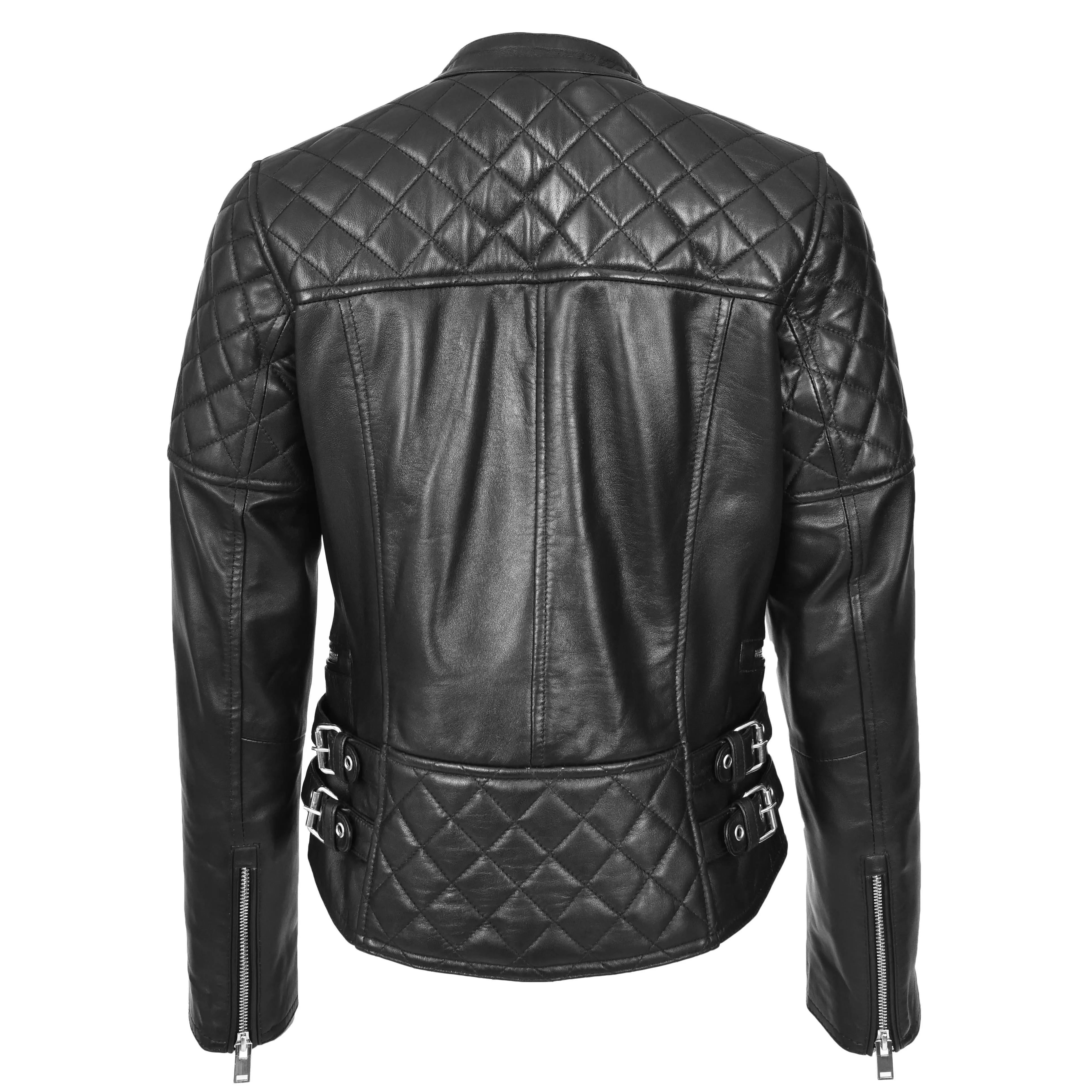 Womens Real Leather Biker Jacket Classic Cross Zip Style Molly Black