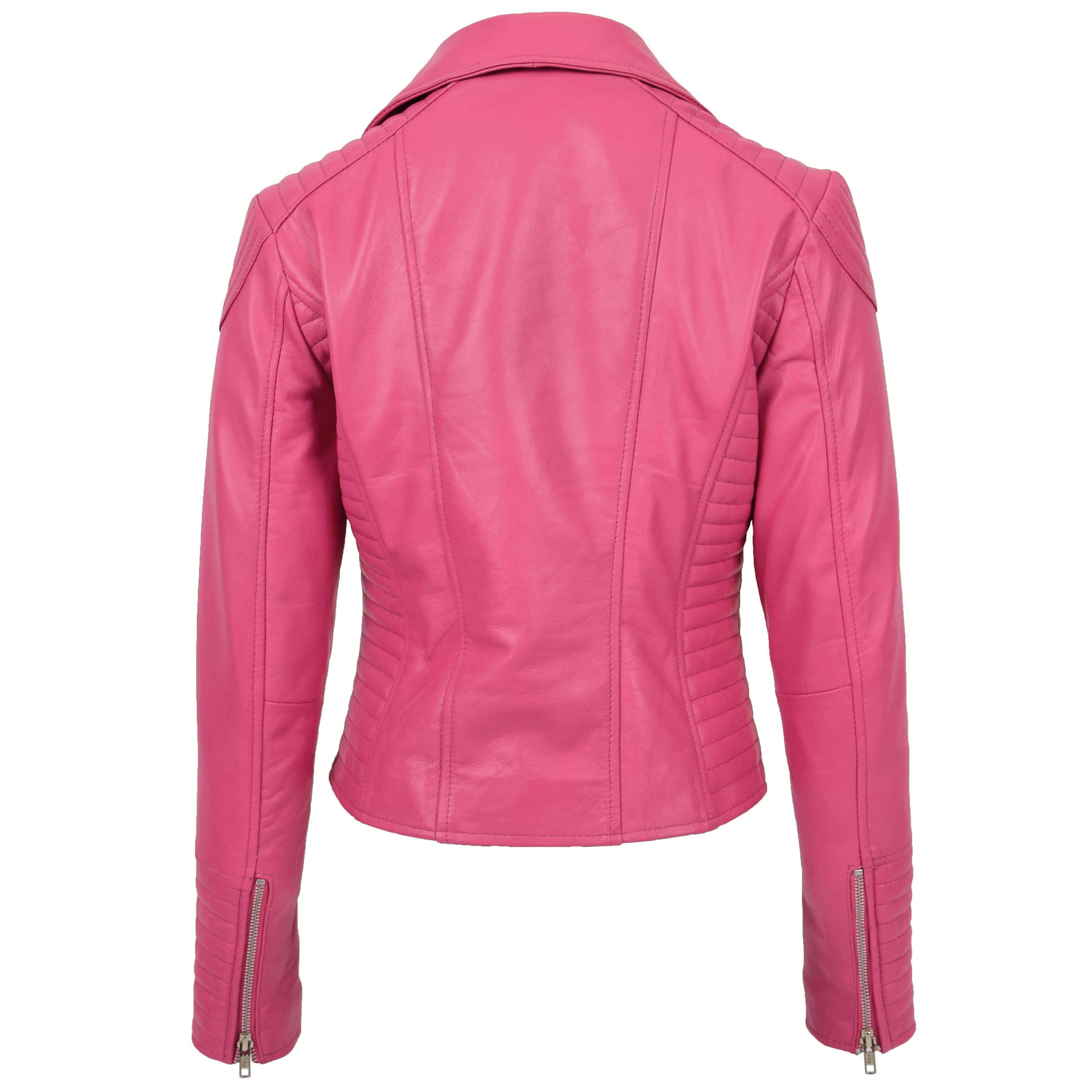 Womens Soft Leather Cross Zip Biker Jacket Anna Pink