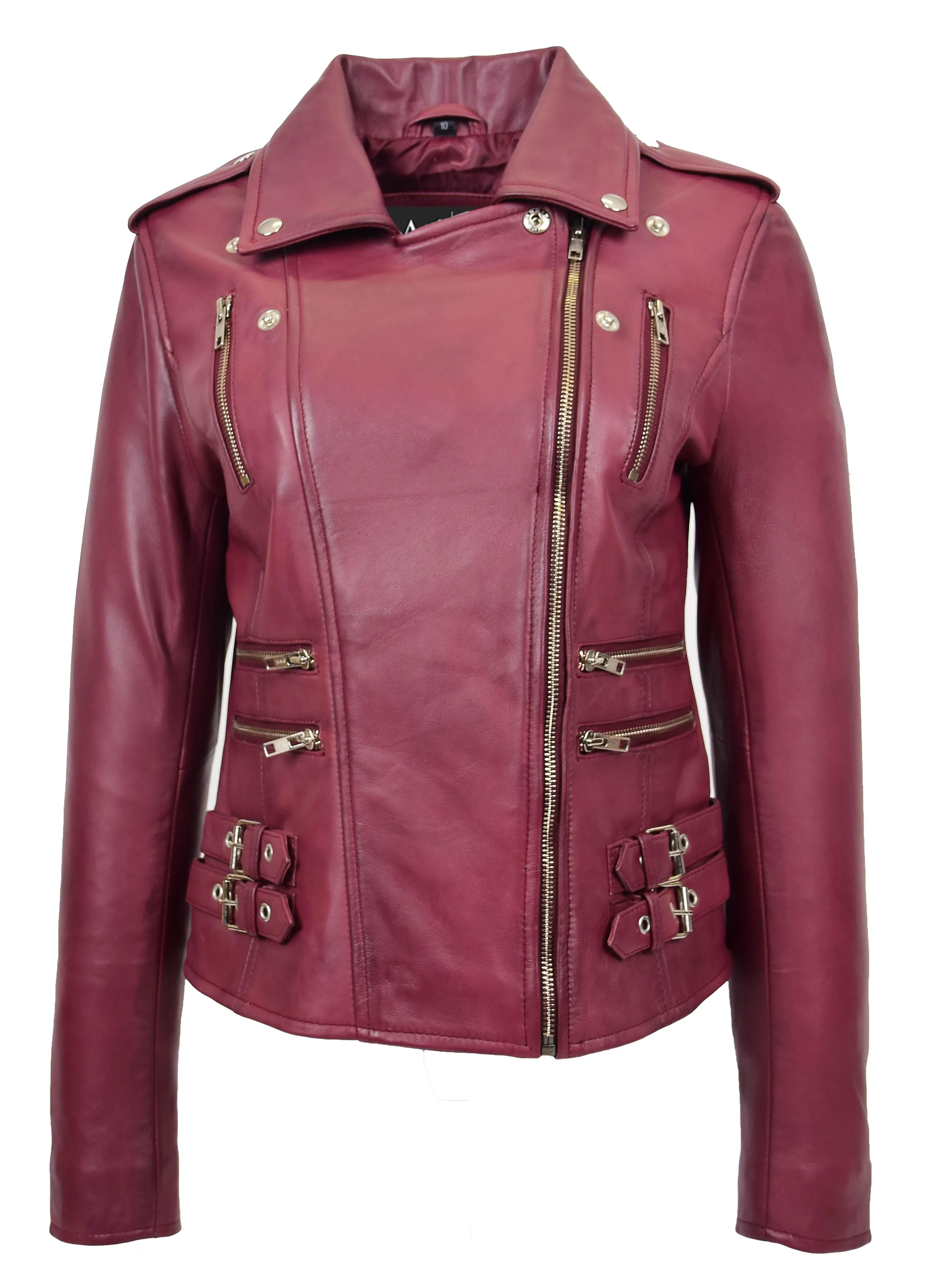 Womens Trendy Biker Leather Jacket Beyonce Burgundy